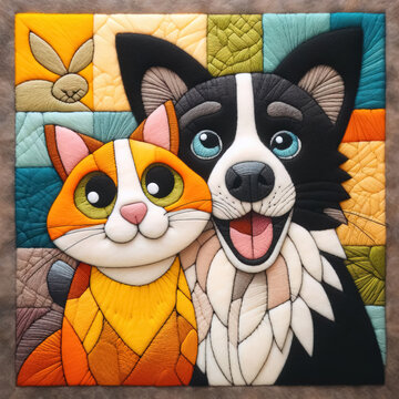 Felt art patchwork, Portrait of Happy dog and cat