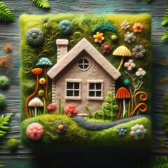 Felt art patchwork, Eco house. Green and environmentally friendly housing concept. Miniature wooden house in spring grass, moss and ferns