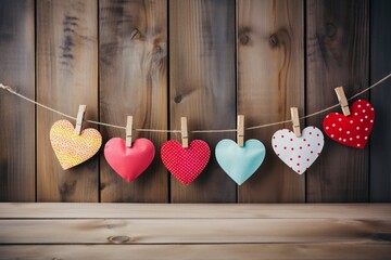 Clothesline romance Fabric hearts on wood background, with space