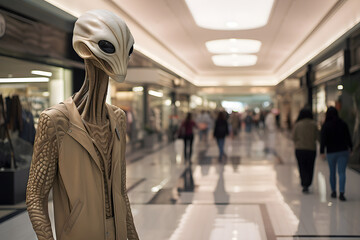 Tall alien walking in Mall in Miami, Alien in shopping center