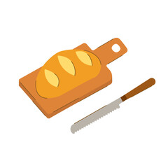 Loaf bread on cutting board and bread knife on isolated white background in flat style. Food and bakery products. Carbohydrates. Vector illustration.