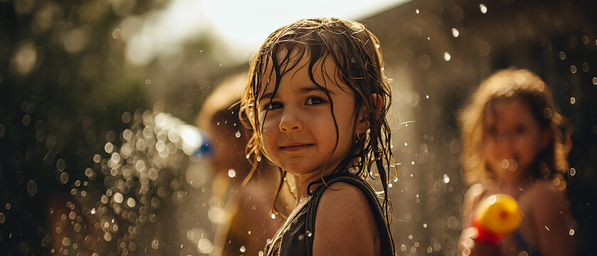 Children having a water gun fight in the backyard