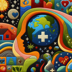 Felt art patchwork, World health day concept, Our planet, our health