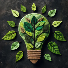 Felt art patchwork, Eco friendly lightbulb from fresh leaves, concept of Renewable Energy and Sustainable Living, Generative AI - obrazy, fototapety, plakaty