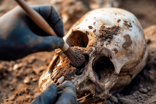 Archaeologist brushing dirt off a human skull at a dig site, prehistoric human fossil skeleton excavation discovery