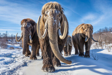 Woolly mammoth herd in frozen cold landscape, extinct prehistoric animals