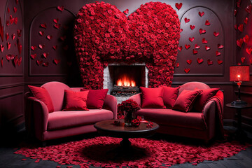 Valentine's Day interior design decor, dark red chairs loveseat, fireplace, heart roses flowers
