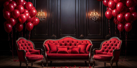 Valentine's Day interior design decor, red leather couch and chairs, balloons, dark wood, wide banner