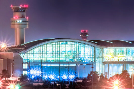 Toronto, Ontario, Canada. Jun 7, 2023. Lester B. Pearson International Airport with control tower at night.
