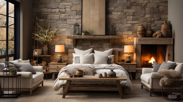 Modern rustic cozy home interior design with fireplace