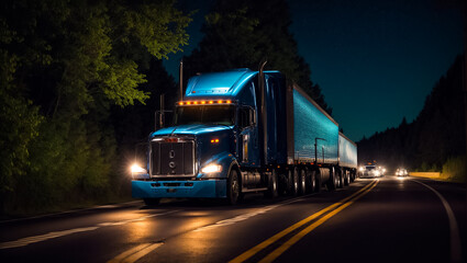 Fototapeta na wymiar modern truck driving on the road at night in summer