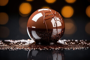 Chocolate sphere on a background with golden bokeh. Generated by artificial intelligence - obrazy, fototapety, plakaty