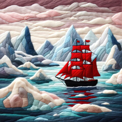 Felt art patchwork, A beautiful small ship with between the icebergs