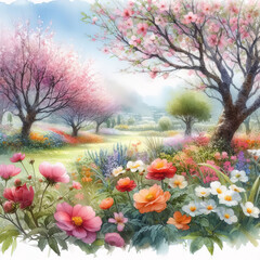 Watercolor of colorful spring flowers in nature