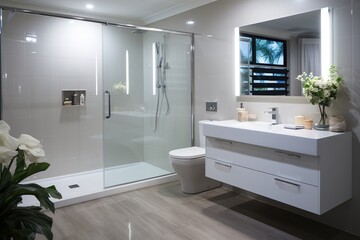 Modern bathroom with large shower and double vanity