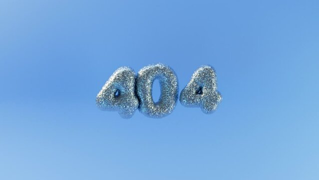 3D render of 404 numbers in the form of inflated silver foil balloons hanging in the air on blue background, 4K animated template for page not found error