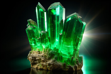 Emerald green crystal gem rock, brilliant, glow, magical
