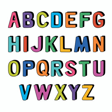 Colorful English alphabet, uppercase letters. Creative childish typeface. Hand drawn vector illustration isolated on white background. Trendy flat cartoon style.