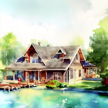 serene vacation lake house, watercolor painting
