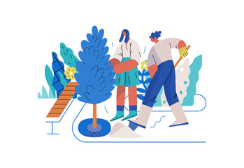 Mutual Support: Community yard improvement -modern flat vector concept illustration of people planting trees and plants A metaphor of voluntary, collaborative exchanges of resource, services