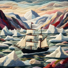 Felt art patchwork, A beautiful small ship between the icebergs