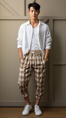 Fototapeta na wymiar Asian man wearing white shirt and brown checkered pants