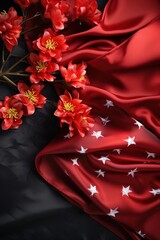 Red silk fabric with white stars and red flowers