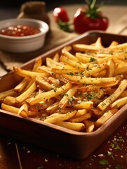 French fries is cooking into deep fryer at kitchen. Generative AI