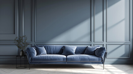 Blue sofa against paneling wall. Minimalist loft home interior design of modern living room