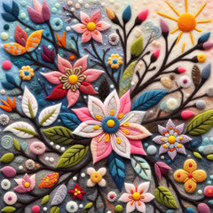 Felt art patchwork, Spring flowers in nature, Beautiful blooming flowers. Spring-summer garden, fairy tale nature