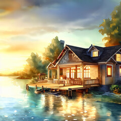 serene vacation lake house, watercolor painting