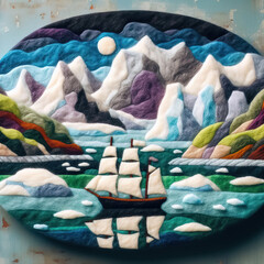 Felt art patchwork, A beautiful small ship with a white sails between the icebergs