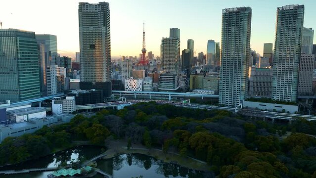 Tokyo City centre at sunset, aerial view of downtown Tokyo with modern skyscrapers, drone view of Tokyo City centre and Hamarikyu Gardens