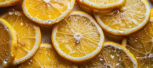 Slices of fresh lemons with waterdrops on it, Lemon fruit cut texture, Citrus section pattern, top view 