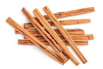 Cinnamon sticks isolated on white background with full depth of field. Top view. Flat lay.