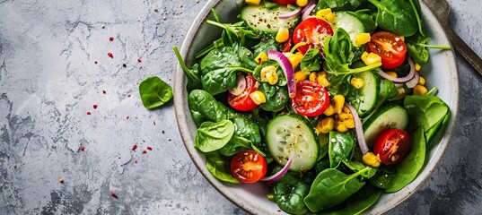 Spring vegan salad with spinach, cherry tomatoes, corn salad, baby spinach, cucumber and red onion, healthy food concept, gray stone table, top view, negative space