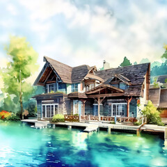 Fototapeta na wymiar serene vacation lake house, watercolor painting