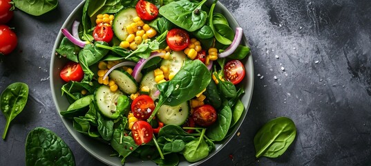 Vegan salad with spinach, cherry tomatoes, corn salad, baby spinach, cucumber and red onion, healthy food concept, gray stone table, top view, negative space