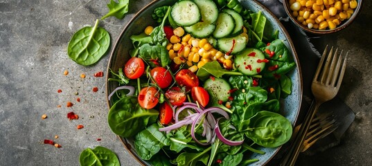 Spring vegan salad with spinach, cherry tomatoes, corn salad, baby spinach, cucumber and red onion, healthy food concept, gray stone table, top view, negative space