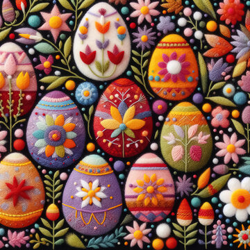 Felt art patchwork, Easter eggs with spring flowers, colorful holiday