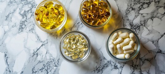 vitamin capsules in glass containers on marble background, vitamin d, omega 3, vitamin e, empty space, health concept
