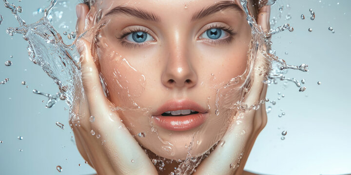 Pretty young woman with clean skin and splash of water