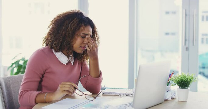 Office, burnout or black woman with headache, stress or exhausted with fatigue, anxiety or depression. Tired employee, consultant or business person with migraine pain or frustrated by eye strain