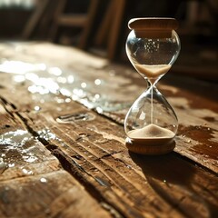 hourglass with sand, wooden table, rustic style