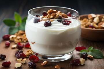 Granola in natural yogurt in a glass glass on a wooden table. Generated by artificial intelligence