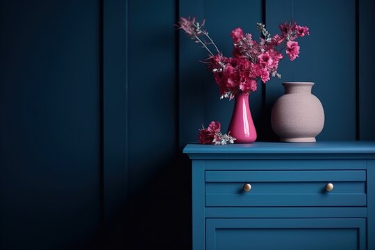 Blue room with pink flowers in vase on blue dresser