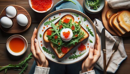 Fototapeta na wymiar Female hands with an egg, caviar and salad sandwich, top view. Generative AI