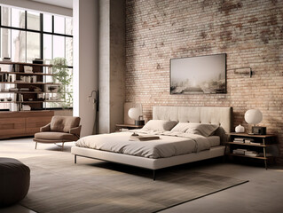 A stylish urban bedroom featuring exposed brick walls, exuding a neutral and modern aesthetic.