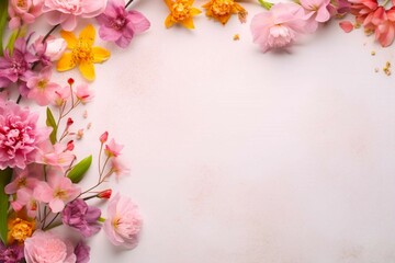 Pink yellow floral / assorted pink flower border frame on soft pink background. banner with copy space