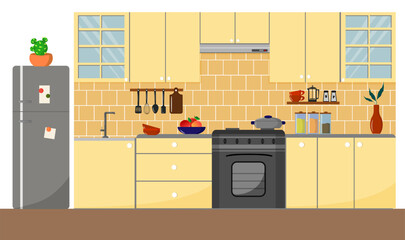 Kitchen interior, modern design. Kitchen utensils, refrigerator and wall cabinets, stove, spices in jars. Vector flat illustration. For advertising brochures, social networks and web pages.
